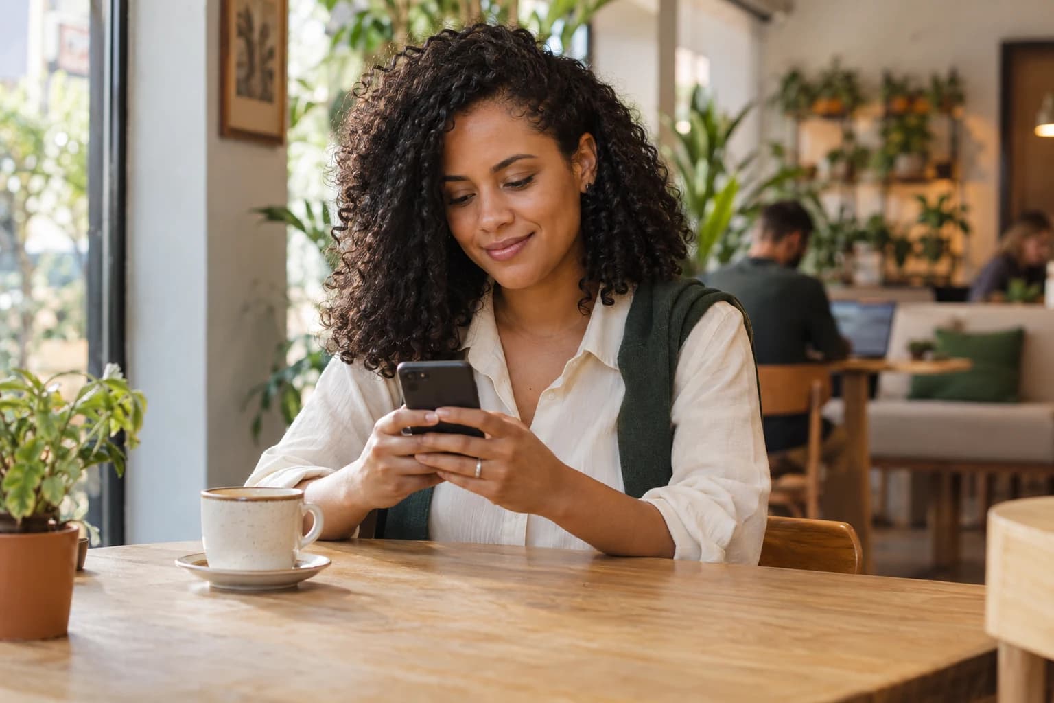 Mulher sorrindo enquanto usa o celular em um café com plantas, em fotografia ilustrativa.